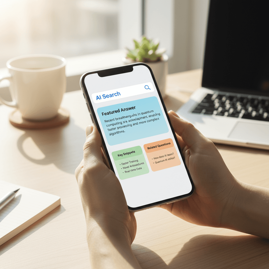 AI search interface showing featured answer snippets on mobile device