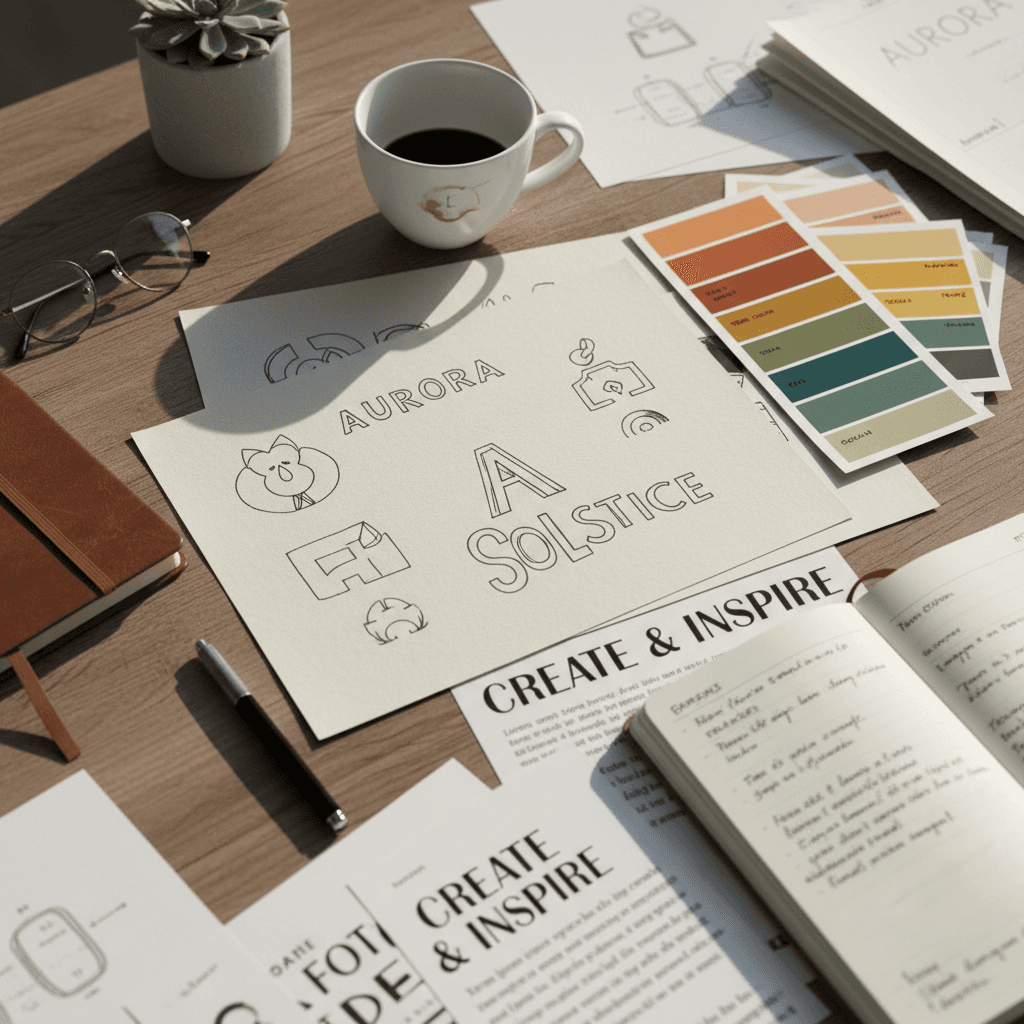 Brand strategy development with sketches and color swatches