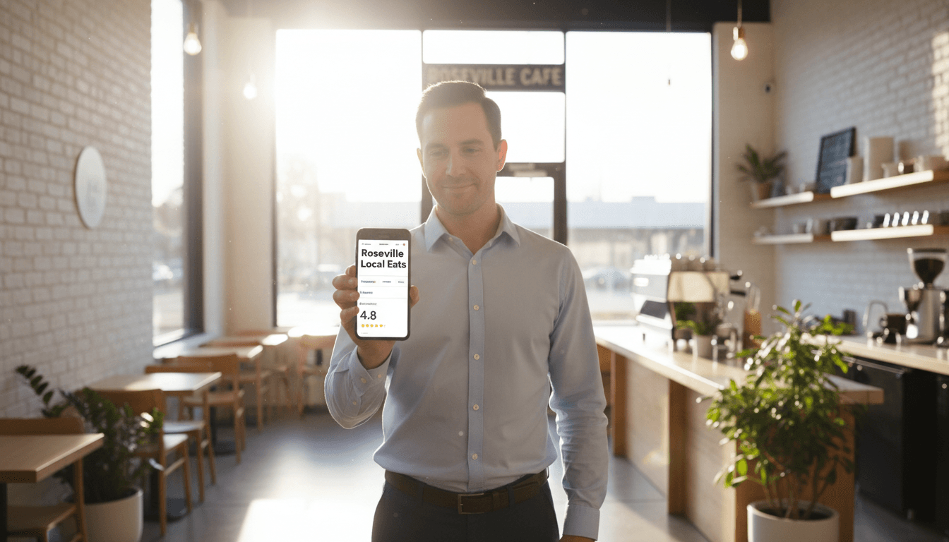 A business owner reviewing their Google Business Profile on a mobile phone
