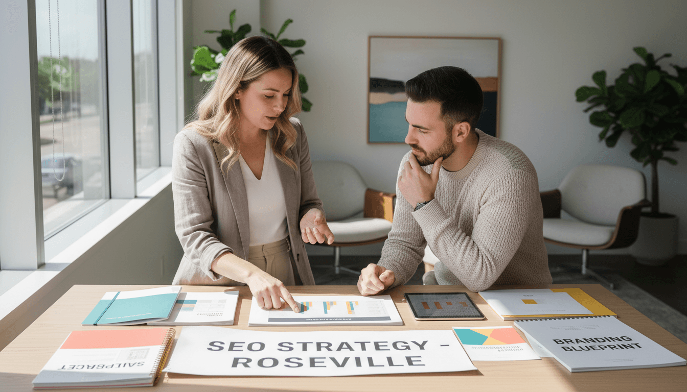 Local business owner and marketing strategist collaborating on strategy